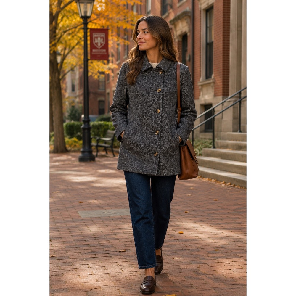 Old Navy Herringbone Car Coat Womens Small Blue Wool Blend Jacket Classic Preppy